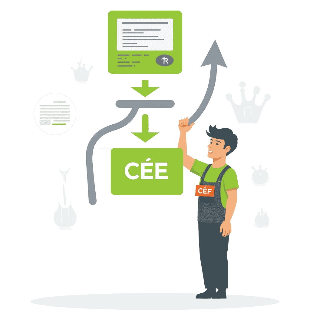 Homme en tablier vert avec une flèche.