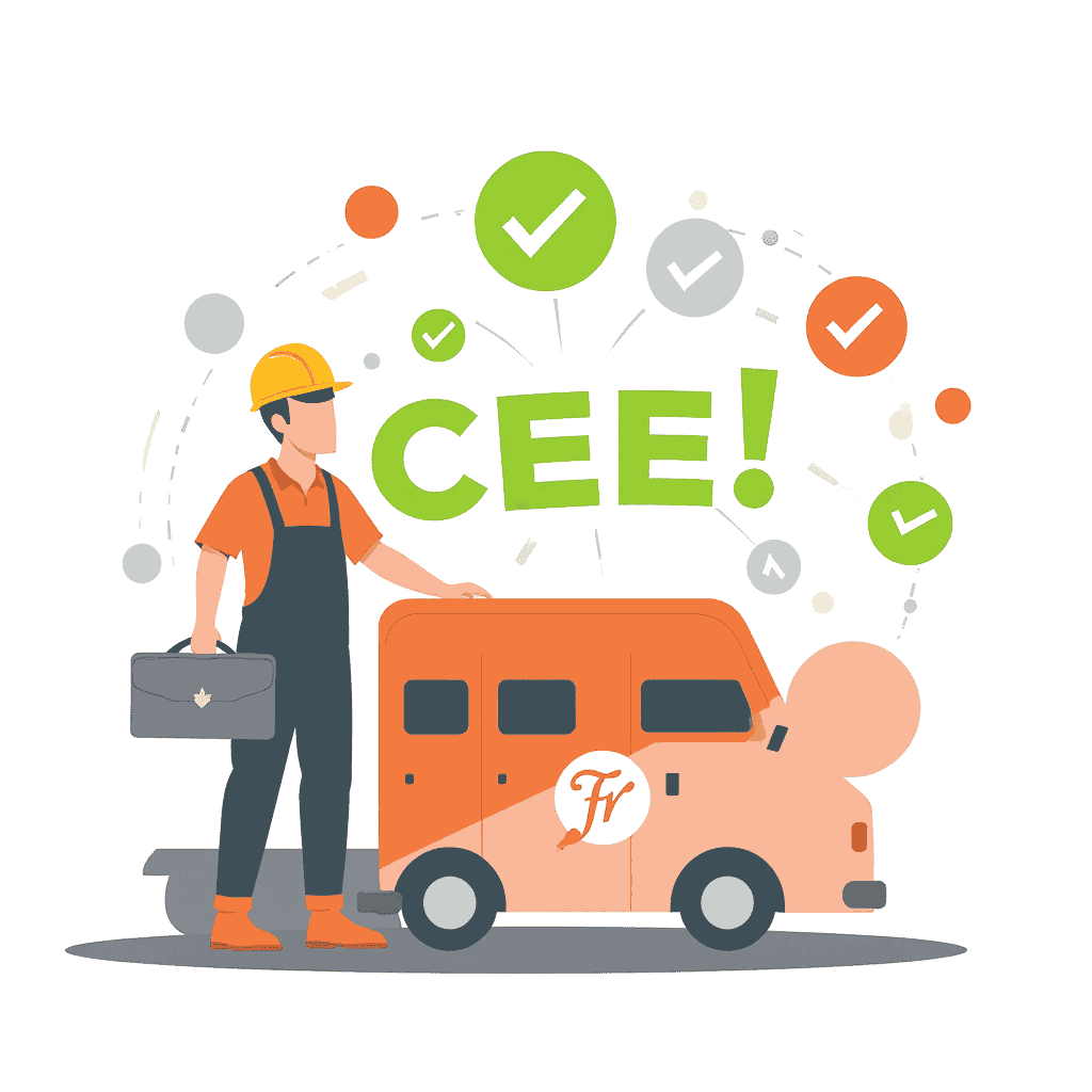 Homme à côté d'un véhicule avec CEE inscrit.