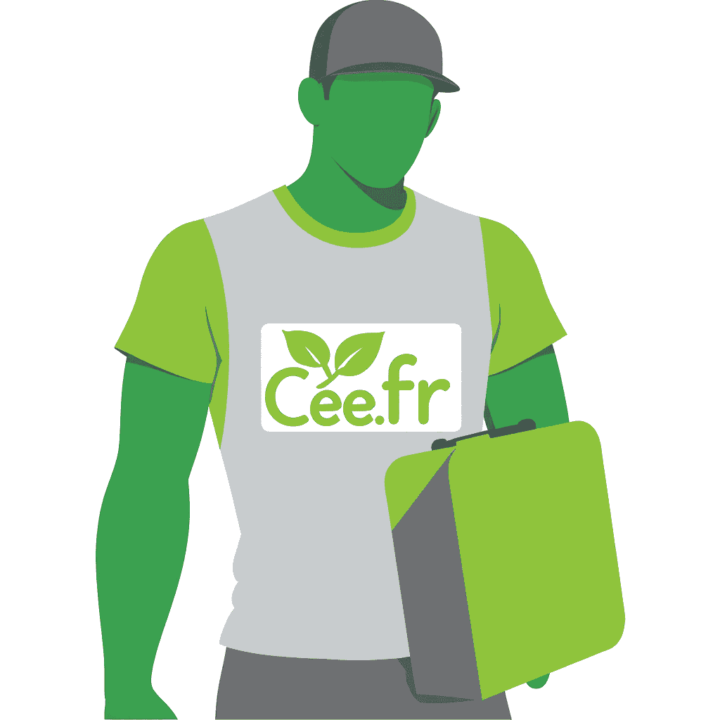 Livreur Cee.fr avec panier vert.